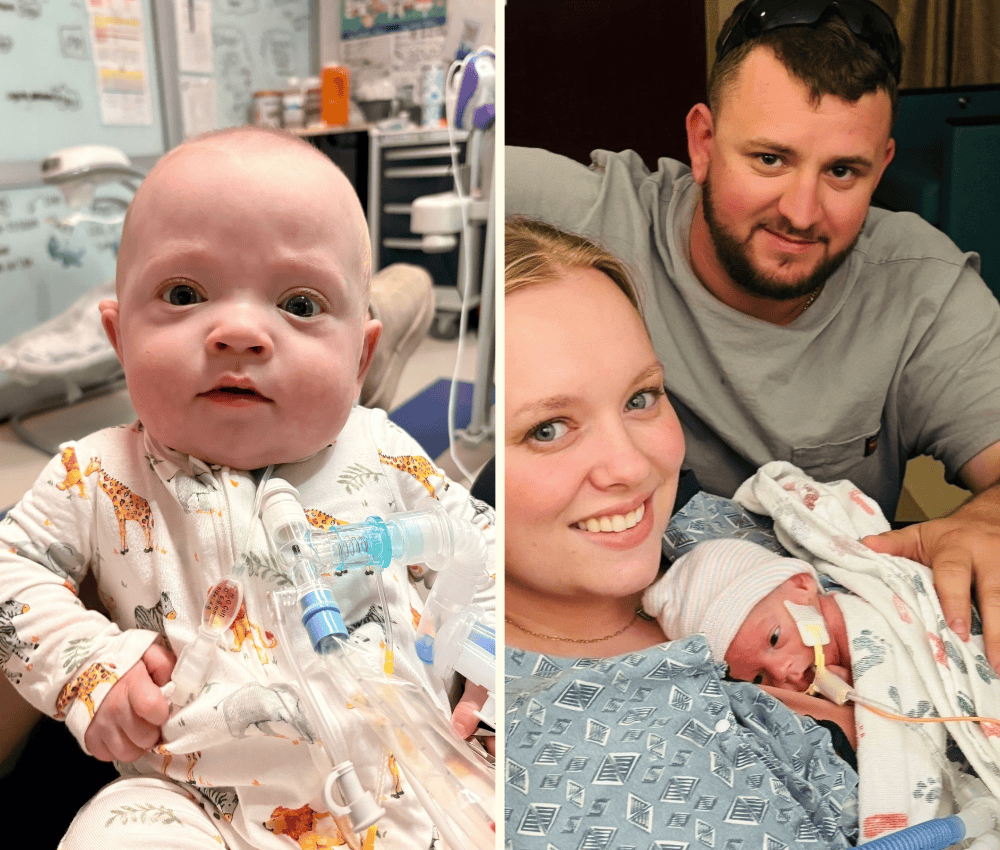 Two photos, a baby in the hospital and a family in the hospital with their premature baby laying on mom.